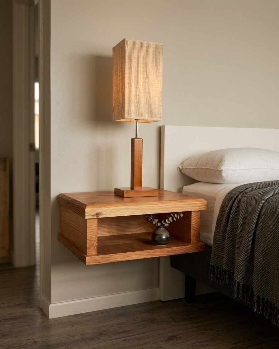 Velador flotante de madera con lámpara y una repisa abierta, junto a la cama